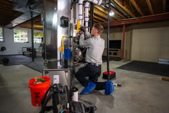 M&M technician servicing a home furnace in Longmont, CO