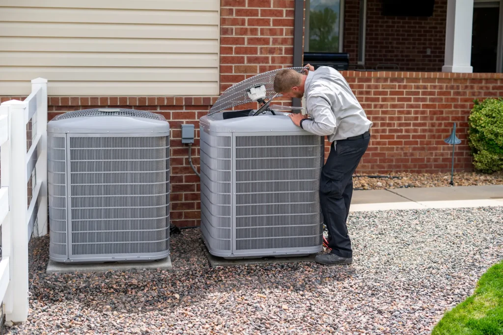 M&M technician repairing an air conditioner in Longmont, CO